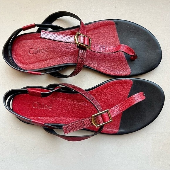 Chloe Brick Red Snakeskin Print Gold Buckle T Strap Sandals EU 37.5 US 7 - 7.5 - Picture 4 of 16